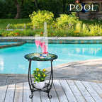 Outdoor Side Table Round Small Mosaic Patio Accent Indoor End Plant Coffee Tea Table for Yard Patio Porch Garden Living Room, Bedroom(Peacock Style,16 Inch)