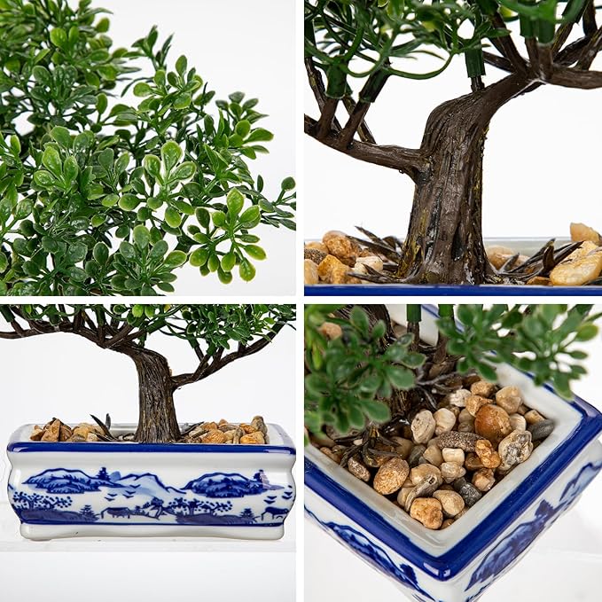 Artificial Bonsai Tree with Blue and White Porcelain Pot, Fake Bonsai for Home Office Desk Decor, Oriental Zen Tabletop Decoration, Faux Bonsai Plant for Living Room, Shelf & Gift