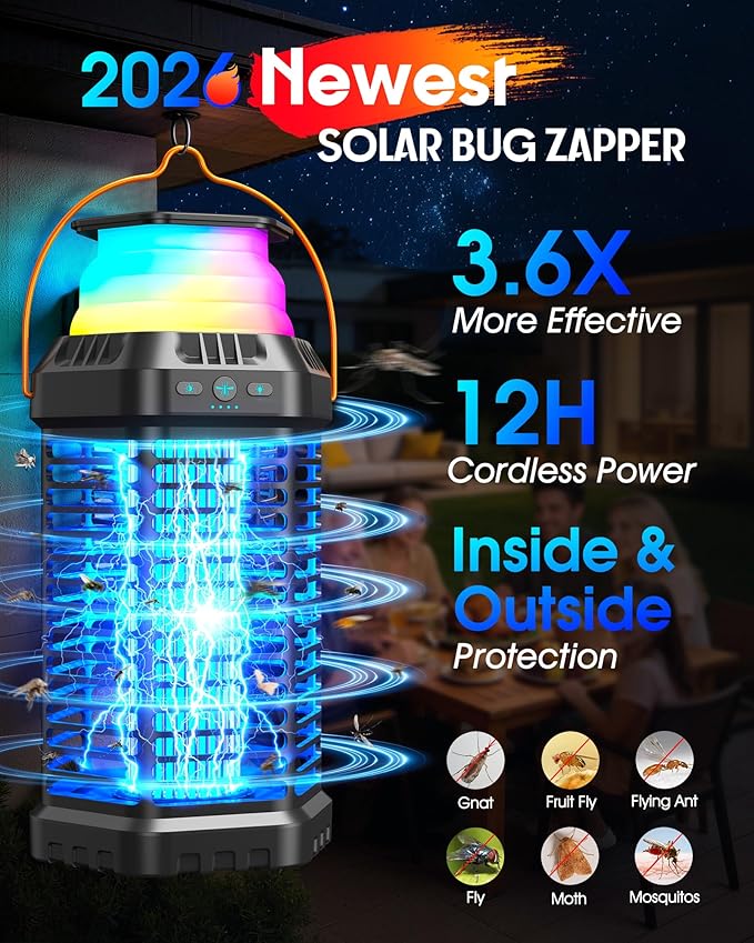 Solar Bug Zapper Outdoor & Indoor, 4500V Ultra-Effective Mosquito Zapper, 6000mAh Rechargeable Insect Zapper, Foldable 2-in-1 Light, IP66 Waterproof for Patio, Camping, Bedroom, Kitchen