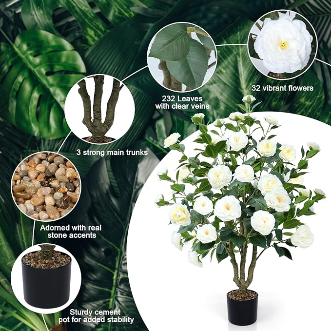 Artificial Camellia Tree 2 Pack 42" Faux Camellia Plant in Pot with 32 Blooming Flowers Fake Flower Tree Greenery Potted Plant for Indoor Outdoor Office Home Porch Decor White