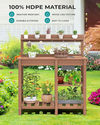 SERWALL Outdoor Potting Bench 2-Piece Set, Rot-Resistant HDPE Potting Table with Removable Sink for Outside Gardening, All-Weather Use - Brown