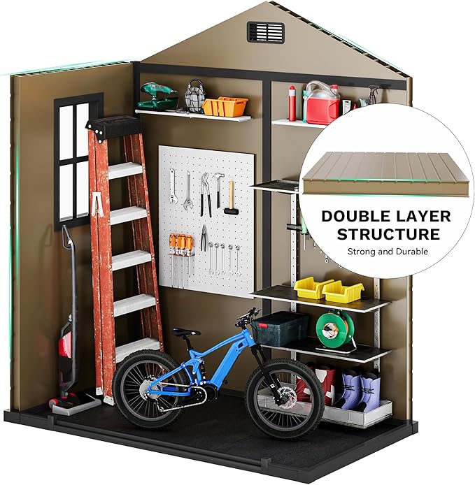 DWVO 6x4 FT Storage Shed Plastic with Floor, Outdoor Storage Shed with Lockable Door, Window and Vents, Waterproof Plastic Tool Storage for Garden, Patio, Backyard, Lawn
