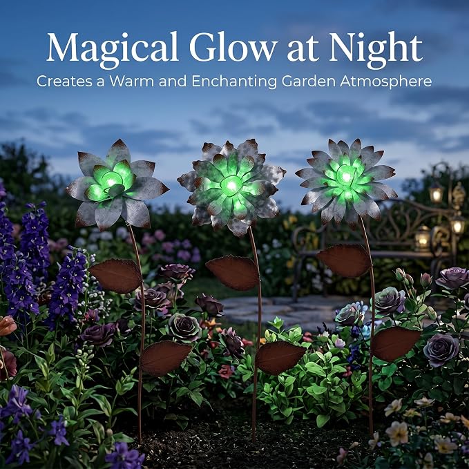 Topadorn 3-Pack Glow-in-the-Dark Metal Flower Garden Stakes, 14" Weatherproof Outdoor Plant Picks, Rustic Yard Art for Lawn & Patio
