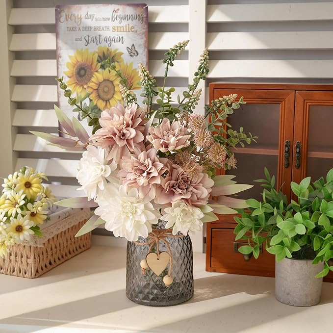 LUEUR Artificial Dahlia Flowers with Vase – Dusty Pink Faux Flower Arrangement, Elegant Floral Centerpiece Table Decorations for Coffee Table, Dining Room, Bedroom, Living Room & Farmhouse Home Decor