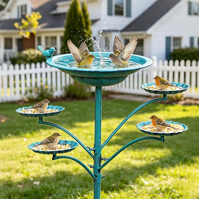 HOUYANG 35 "H Cast Iron Base Bird Bath for Outside, Metal Bird Feeding Bowl Tray, Metal Bird Bath Garden Patio Decor(Green)