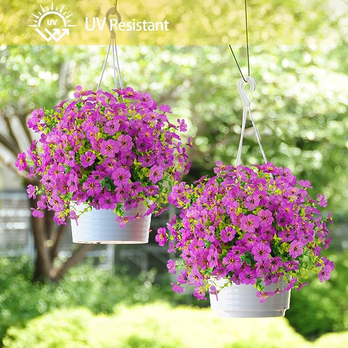 ATTGREAT Artificial Flowers Outdoor Faux Plants UV Resistant Fake Patio Flowers Plastic Greenery Plnats Outside Bulk for Spring Garden Hanging Planter Home Vase Decor, 24 Bundles (Purple)