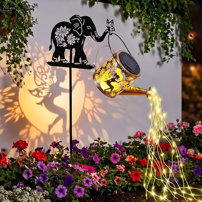 LOVERUIS Solar Garden Decor,Outdoor Elephant Statues with Solar Watering Can Lights-Yard Decorations for Patio, Backyard, Lawn Ornaments-Unique Birthday House Warming Gifts for Women, Mom, Grandma
