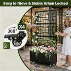 73" Ornamental Metal Planter Box with Trellis on Wheels, Raised Garden Bed with Scrollwork Privacy Screen, Outdoor Privacy Planters for Patio Balcony Backyard, Climbing Plants Vegetables
