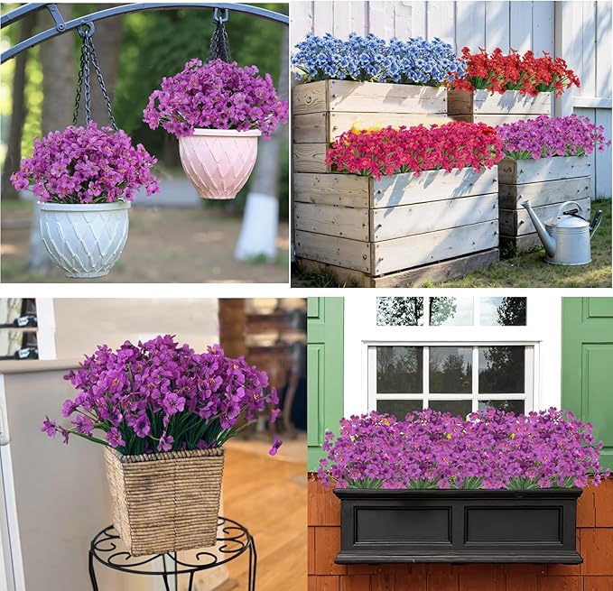 Bassion 24 Bundles Artificial Flowers for Outdoors Decoration, UV Resistant Purple Silk Fake Faux Flowers Artificial Plants for Outside Window Box Porch Garden Home Decor