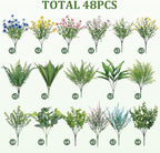 Alupssuc 48Pcs Artificial Flowers and Plants,UV Resistant & No Fade Fake Plastic Greenery Shrubs for Home Garden, Pathway, Front Porch-Spring Summer Decor, Indoor/Outdoor Use,Pink Blue Yellow White