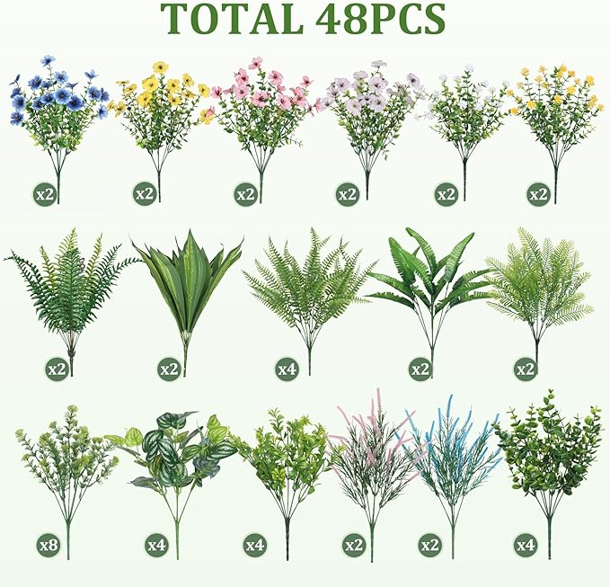 Alupssuc 48Pcs Artificial Flowers and Plants,UV Resistant & No Fade Fake Plastic Greenery Shrubs for Home Garden, Pathway, Front Porch-Spring Summer Decor, Indoor/Outdoor Use,Pink Blue Yellow White