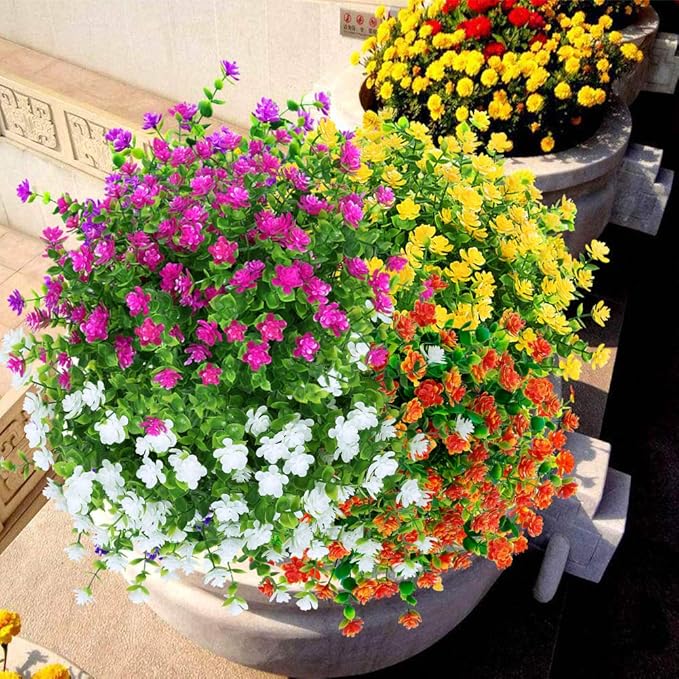 24 Bundles Outdoor Artificial Flowers UV Resistant Fake Boxwood Plants, Faux Greenery for Indoor Outside Hanging Plants Garden Porch Window Box Home Wedding Farmhouse Décor (White)