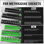 Magnetic Socket Organizer Set, 6-piece 1/4", 3/8", 1/2" SAE & Metric Sockets Holder, Drive Socket Trays, Storage Tool Box, Holding 143 Slots, Soft Rubber Covering Black Green Tools