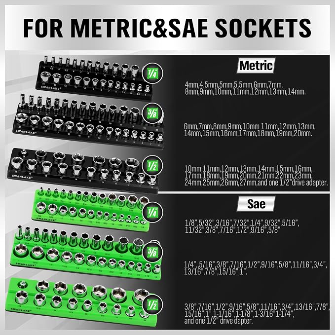 Magnetic Socket Organizer Set, 6-piece 1/4", 3/8", 1/2" SAE & Metric Sockets Holder, Drive Socket Trays, Storage Tool Box, Holding 143 Slots, Soft Rubber Covering Black Green Tools