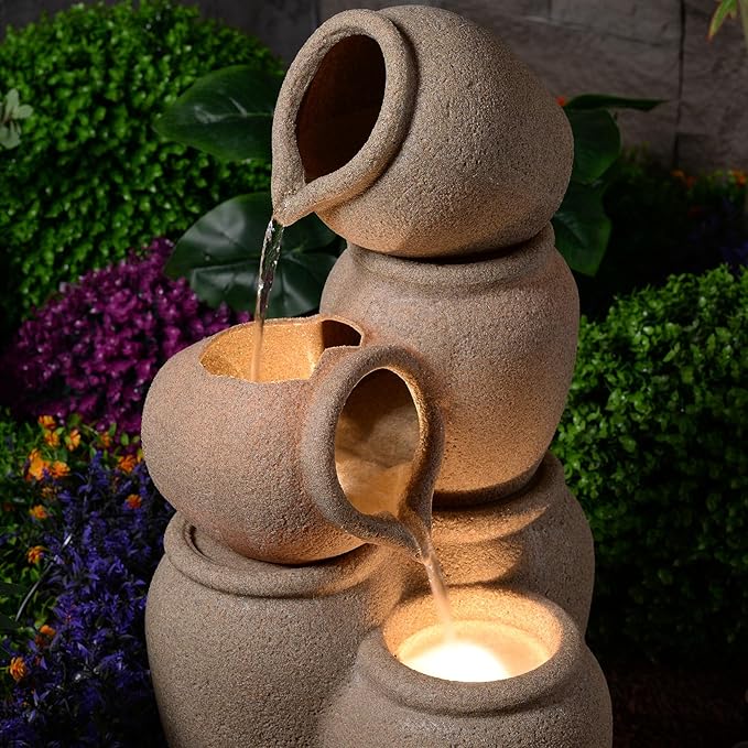 29.53” H 3-Tiers Cascading Jars Outdoor Water Fountain Made with Eco-Friendly Recyclable Materials, Polyethylene Waterfall Fountain, Outdoor Decor with LED Lights for Patio, Backyard