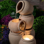 29.53” H 3-Tiers Cascading Jars Outdoor Water Fountain Made with Eco-Friendly Recyclable Materials, Polyethylene Waterfall Fountain, Outdoor Decor with LED Lights for Patio, Backyard