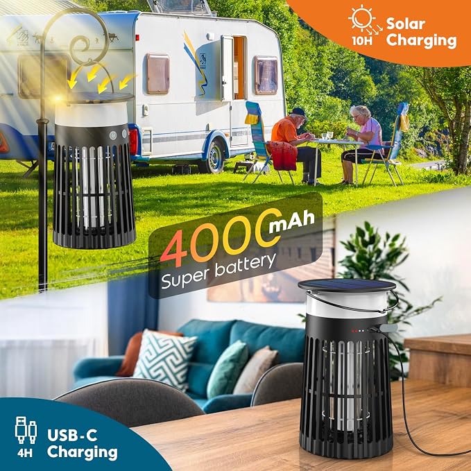 Solar Bug Zapper Outdoor, 5-in-1 Mosquito Zapper 4200V w/Flame Light & RGB Mode, Waterproof Portable Fly Zapper, Electric Cordless Fly Insect Mosquitoes Trap Killer for Patio Yard Camping RV Indoor