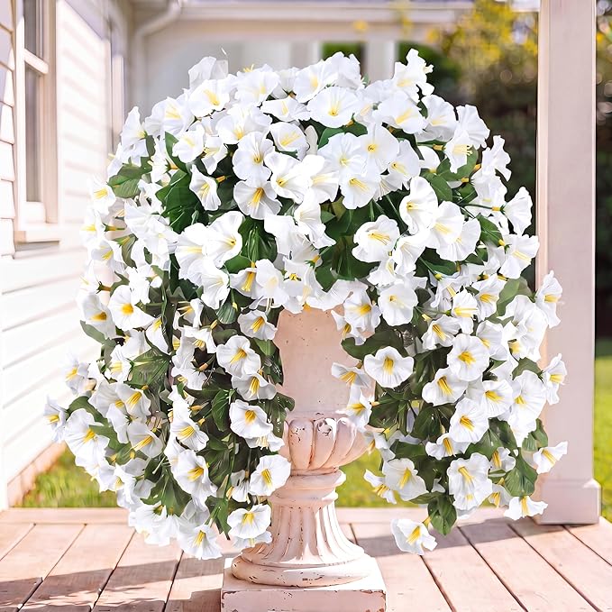 Sggvecsy Artificial Fake Hanging Flowers Plants for Outdoor Outside Spring Summer Decoration 4PCS Faux Silk UV Resistant Realistic Morning Glory Trailing Vines for Home Porch Patio Balcony(White)