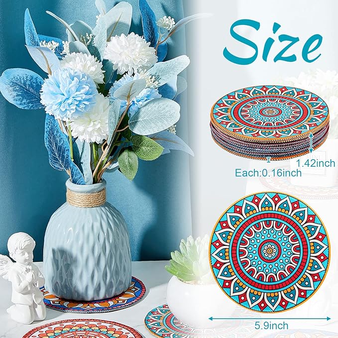 Nuanchu 6 Pieces Boho Plant Coasters 5.9 Inch Rubber Absorbent Non Slip Plant Pot Mats for Gardening Indoor Outdoor Round Bohemian Mandala Decorative Plants Saucers for Table Floor Protection Home