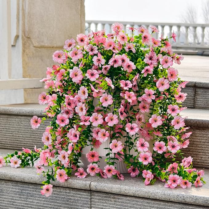 4 Pcs Fake Outdoor Artificial Flowers For Outdoors Uv Resistant, Plastic Flowers For Outdoors, Fake Hanging Plants Faux Flowers For Outdoor Planters, Silk Spring Flowers For Outside Porch（Pink）