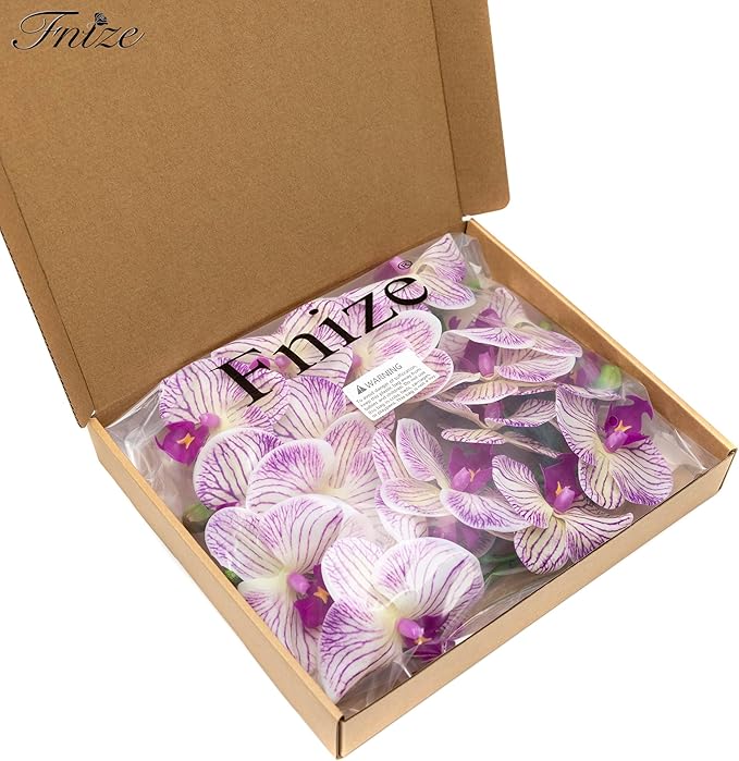 Fnize Faux Orchid Stems Artificial Flowers Phalaenopsis 38 Inch 2pcs Real Touch Latex 9 Large Petals Purple Pattern