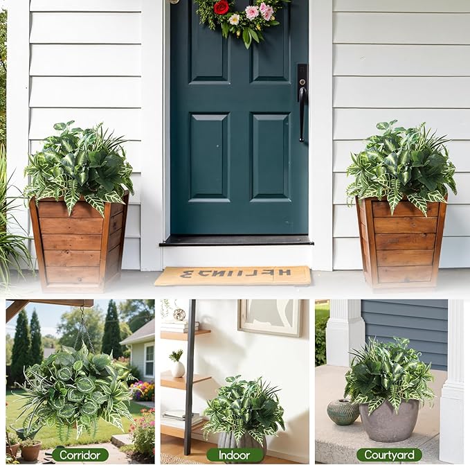 Artificial Greenery Plants, Large Bunches Outside Faux Plants for Outdoor Decor - UV Resistant Fake Plant for Planters, Realistic Fake Greenery Bushes for Garden Patio Front Porch Yard Decor