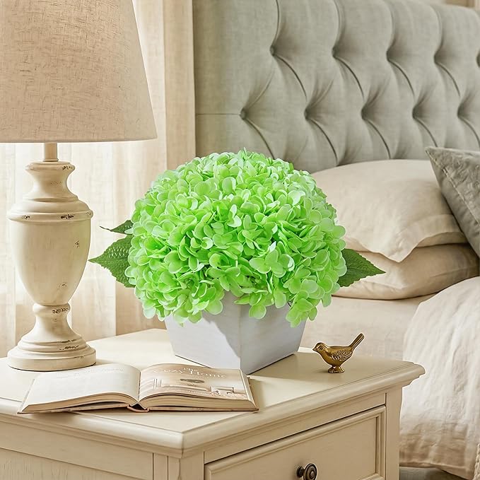Artificial Hydrangea Flowers Arrangement in Wood Planter, 4PCS Fake Green Flowers in Wooden Vase Potted Floral Centerpieces for Tables Living Room Home Office Room Shelf Kitchen Decor