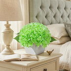 Artificial Hydrangea Flowers Arrangement in Wood Planter, 4PCS Fake Green Flowers in Wooden Vase Potted Floral Centerpieces for Tables Living Room Home Office Room Shelf Kitchen Decor