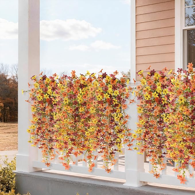 Artificial Fake Hanging Flowers Plants for Outdoor Fall Decoration,2PCS Faux Silk Daisy with Eucalyptus Leaves,UV Resistant Look Real for Outside Home Indoor Planter Porch Patio Yard Autumn Decor