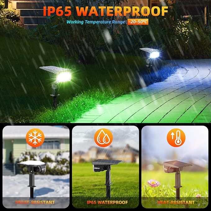 LEREKAM Color Solar Light Outdoor Waterproof Spotlights with 9 Light Modes, Color Changing Solar Outdoor Light for Halloween Decorations, Colored Spot Lights Auto On,Off, RGBW