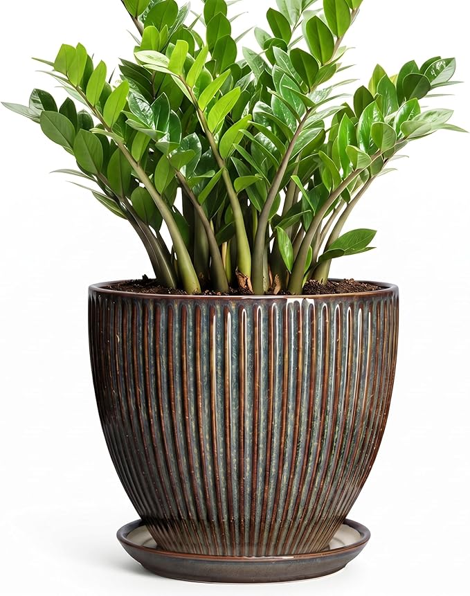 Ceramic Pots for Plants, 10 Inch Planters for Indoor Plants, Decorative Planter with Drainage Hole and Saucer, Round Indoor Plant Pots, Modern Planter, House Decor, Women Men Gifts, Retro Brown
