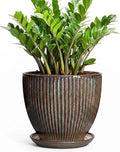 Ceramic Pots for Plants, 10 Inch Planters for Indoor Plants, Decorative Planter with Drainage Hole and Saucer, Round Indoor Plant Pots, Modern Planter, House Decor, Women Men Gifts, Retro Brown