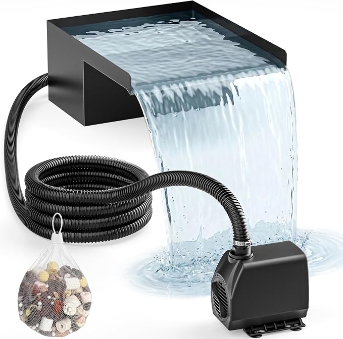 8" Pond Waterfall Kit, 660GPH Ultra Quiet Pump, 304 Stainless Steel Spillway, 9.8FT Freeze-Proof Tubing & 16.4FT Cord - Complete Water Feature Set for Garden, Koi Pond & Backyard Decor