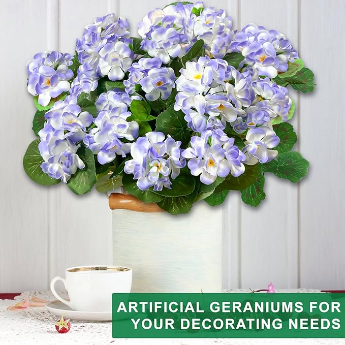 TURNMEON Artificial Geraniums Flowers for Outdoors Summer Decoration, 4 Bundles Fake Flowers Silk Purple Flowers UV Resistant No Fade Faux Plants for Planter Gardens Table Porch Indoor Cemetery Decor