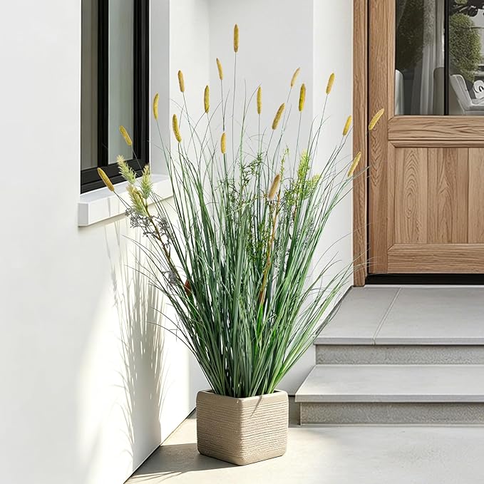 Lifelike Faux Plastic plantas Synthetic Pampas Grass Indoor Outdoor Realistic Floor Plants pet Friendly Artificial Grass for Home Office Wedding Patio Front Fake Grass Decor Housewarming Gift