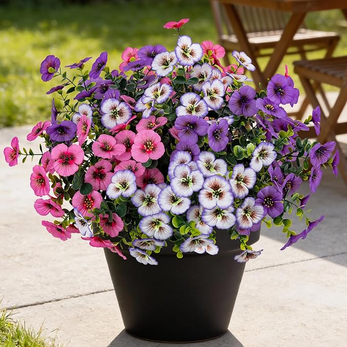 17 Inch Artificial Faux Pansy Flowers for Outdoor,Fake Pansies Flowers with Eucalyptus Leaves Fake Plants Greenery Boxwood Porch Patio Decor 6 Bundles(Light Purple,Pink,Light Purple White)