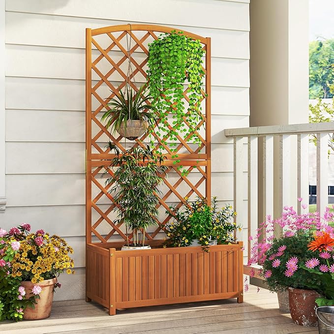 Giantex Solid Acacia Wood Planter Box with Trellis, 63" Set of 2 Raised Garden Bed with Trellis, Plant Box, Slat Base, Outdoor Privacy Planter for Vine Climbing Plants Flowers, Garden, Patio, Balcony
