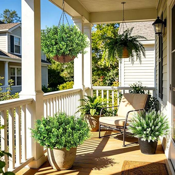 Artificial Greenery Eucalyptus Boxwood, UV Resistant Faux Outdoor Plants for Decoration, Realistic Fake Eucalyptus Leaves for Planter, Front Porch, Patio, Backyard Decor (12pcs)