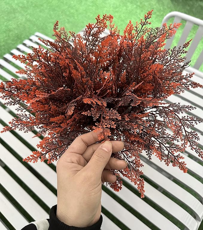 Artificial Ferns Plants, Fake Plastic Plant Faux Fern Leaves Shrubs Stems Realistic Boston Grass Decor for Outdoor Indoor Home Garden Party Office Wedding Christmas Decoration DIY Foliage Red 4 Pack