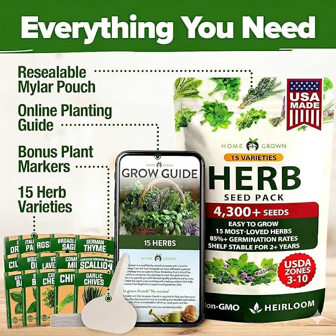 HOME GROWN Herb Seeds for Planting 15-Pack Massive Seed Count 4,300+ Seeds Non-GMO Heirloom | Extra Large | Culinary Herb Kit, Indoor Outdoor & Hydroponic | Grow Your Own Herbs | Gardening Gift