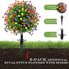 23" Artificial Topiary Boxwood Ball Trees with Ground Spike, Set of 2, UV Resistant Fake Bushes Plants with Camellia Flowers, Faux Cedar Balls Shrubs for Outdoor Indoor Front Porch Garden Decor