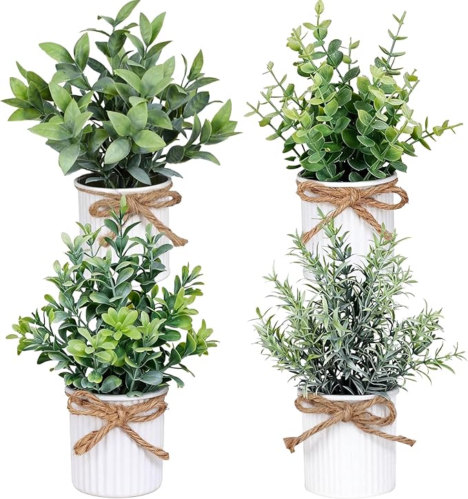 4 Potted Artificial Plants Metal Fake Potted Plant with Iron Pot Mini Greenery Decor Small Faux Plants for Indoor Farmhouse Home Porch Garden Bathroom Room Décor White