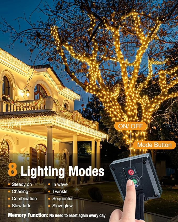 btfarm 2 Pack Solar String Lights Outdoor - Total 66FT 200LED Solar Fairy Lights Outside Waterproof 8 Modes, Copper Wire Solar Powered Twinkle Light for Garden Tree Christmas Wedding Party,Warm White