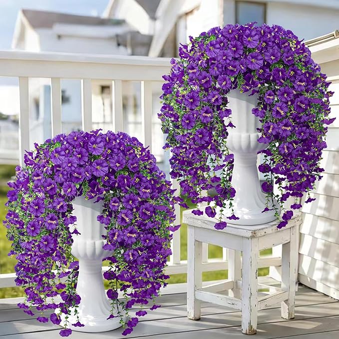 Artificial Hanging Flowers for Outdoors, 4 PCS 600 Blooms UV Resistant Morning Glory Faux Silk Vines, No-Odor Realistic Fake Plants for Garden Planter Porch Patio Decoration, Purple