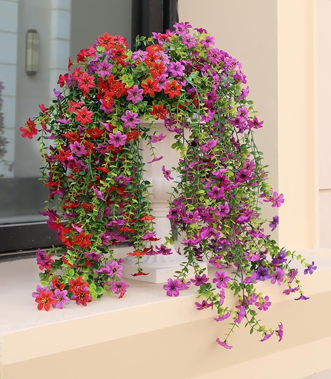 Artificial Hanging Flowers for Outdoors, 4 Pack Fake Hanging Plant for Spring Summer Decor, UV Resistant Faux Silk Flower for Planter Porch Patio Balcony Yard Decoration ( Light Purple & Rose Red)