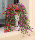 Artificial Hanging Flowers for Outdoors, 4 Pack Fake Hanging Plant for Spring Summer Decor, UV Resistant Faux Silk Flower for Planter Porch Patio Balcony Yard Decoration ( Light Purple & Rose Red)