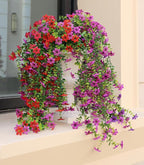 Artificial Hanging Flowers for Outdoors, 4 Pack Fake Hanging Plant for Spring Summer Decor, UV Resistant Faux Silk Flower for Planter Porch Patio Balcony Yard Decoration ( Light Purple & Rose Red)