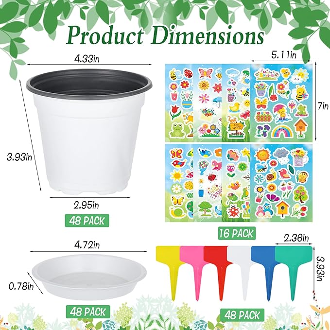 Garden Flower Pot Craft Kit, 48 Paintable Durable Resin Garden Pot with Tray Drainage Holes Adhesive Stickers and Plant Labels, Flower Plant Craft for Classroom Home DIY Flower Planting