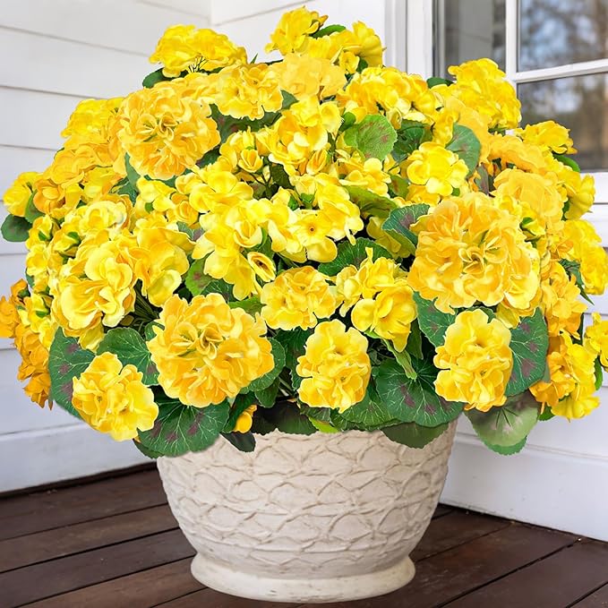 TURNMEON Artificial Geraniums Flowers for Outdoors Summer Decoration, 4 Bundles Fake Flowers Silk Yellow Flowers UV Resistant No Fade Faux Plants for Planter Gardens Table Porch Indoor Cemetery Decor