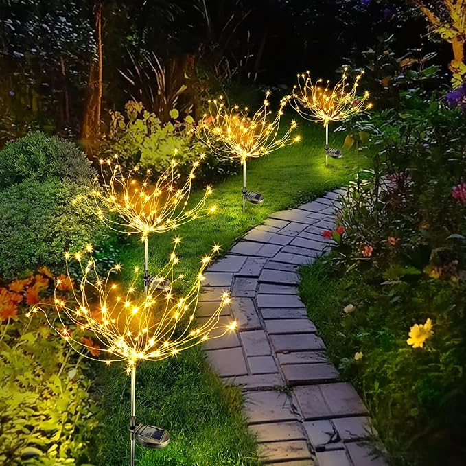 Anordsem Solar Lights Outdoor Waterproof: 4 Pack Garden Light - Bendable Copper Wire with 120 LED Firework Beads - DIY Warm Fun Decoration for Yard Patio - Twinkle Sparkler Gifts for Women Wife